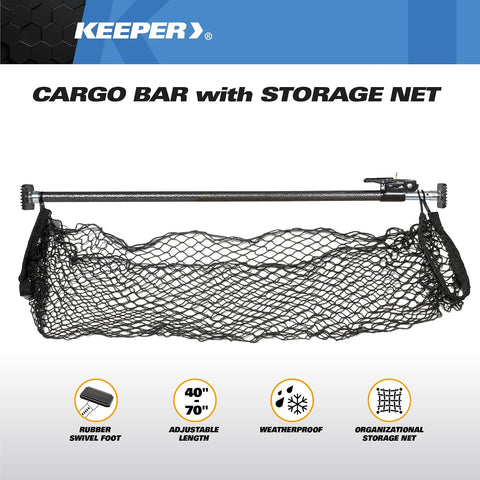 KEEPER Ratcheting Cargo Bar - Rubber, Black/Silver, Adjustable from 40"-70" - Comes with 60” x 24” Storage Net (5060), For Truck