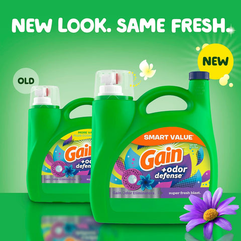 Gain + Odor Defense Liquid Laundry Detergent, Super Fresh Blast Scent, 107 Loads, HE Compatible Washing Soap (Packaging May Vary)