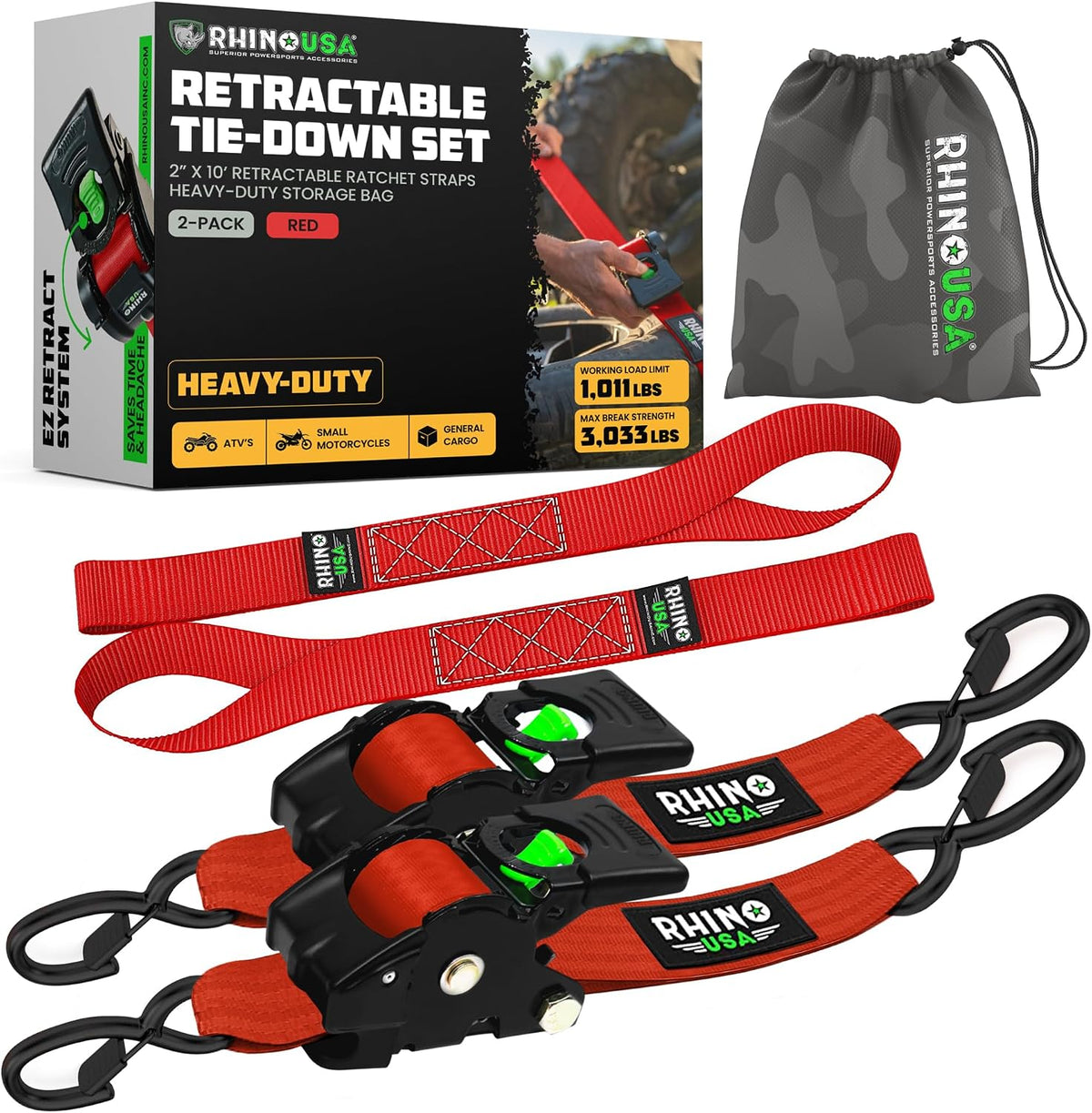 Rhino USA Retractable Ratchet Straps (2-Pack) - 2in x 10ft, 3,033lb, Red