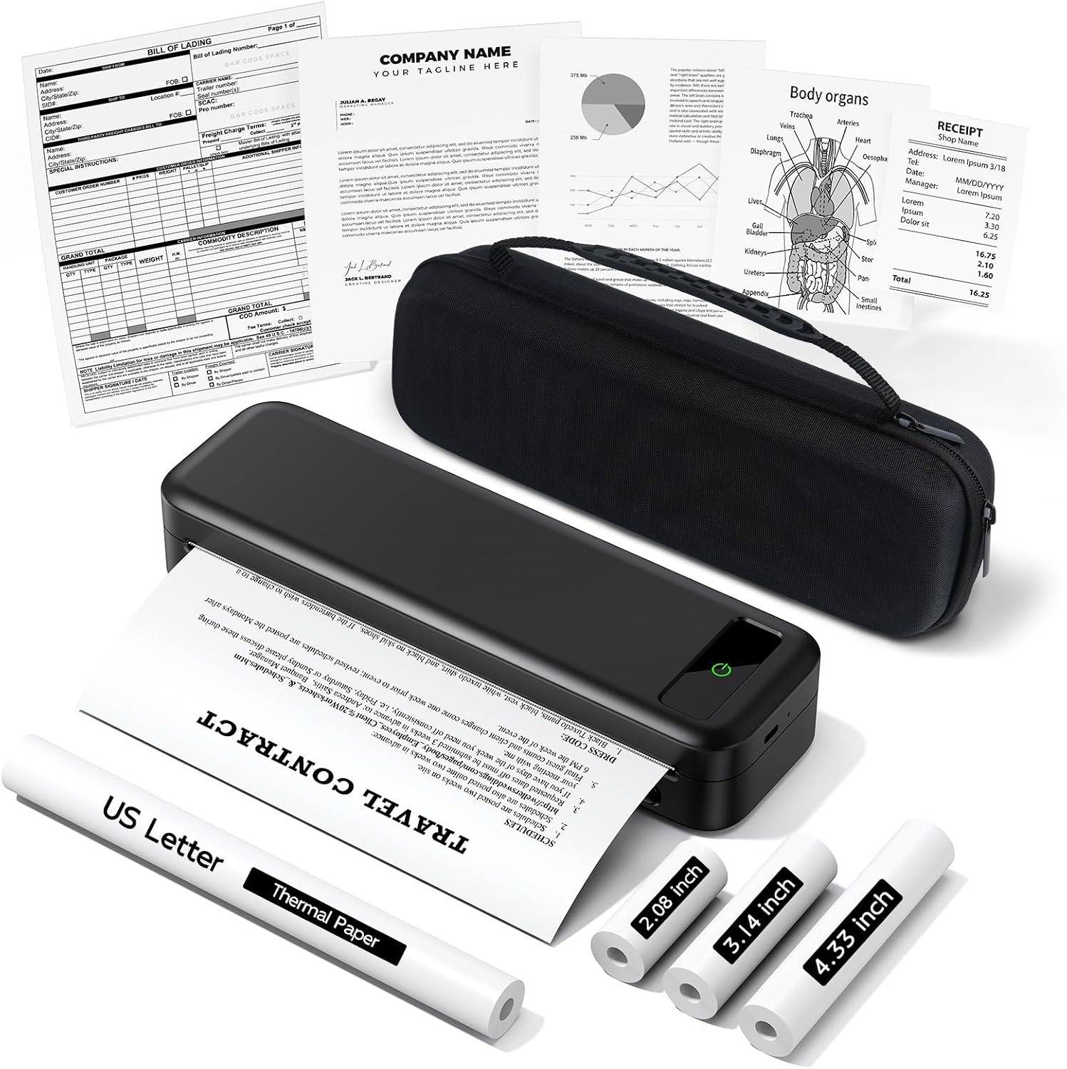 Portable Printers Wireless for Travel, Inkless Thermal Printer with Case