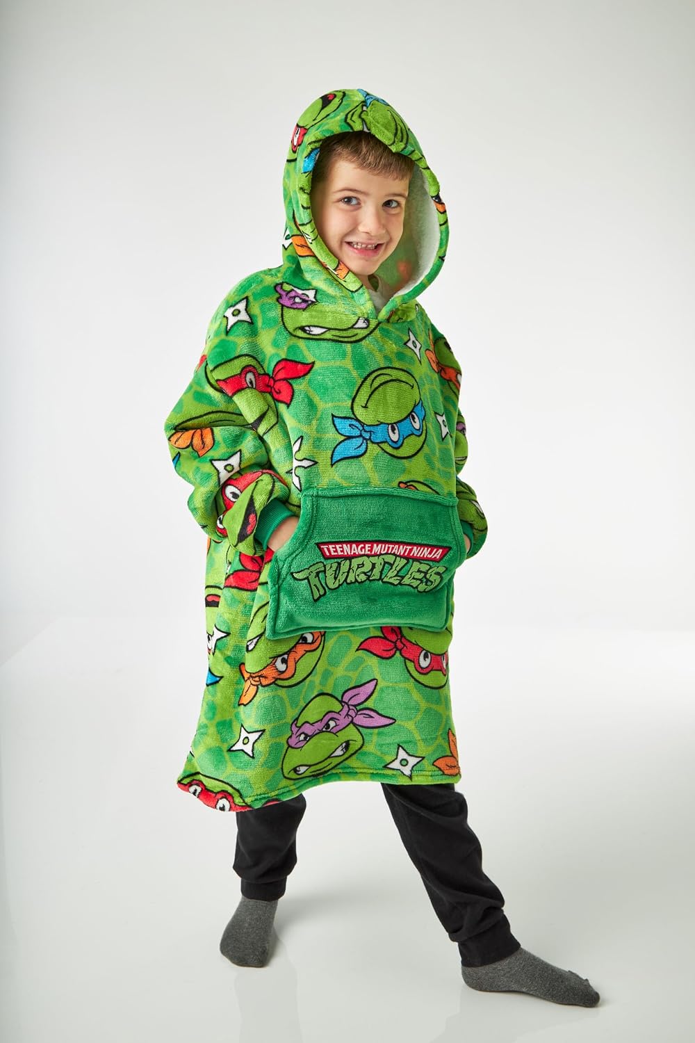 Teenage Mutant Ninja Turtles Boys Wearable Hooded Blanket | Green All Over Print Fleece Hoodie | Pullover Cartoon Loungewear