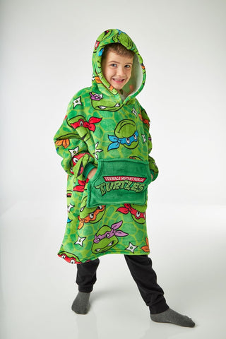 Teenage Mutant Ninja Turtles Boys Wearable Hooded Blanket | Green All Over Print Fleece Hoodie | Pullover Cartoon Loungewear