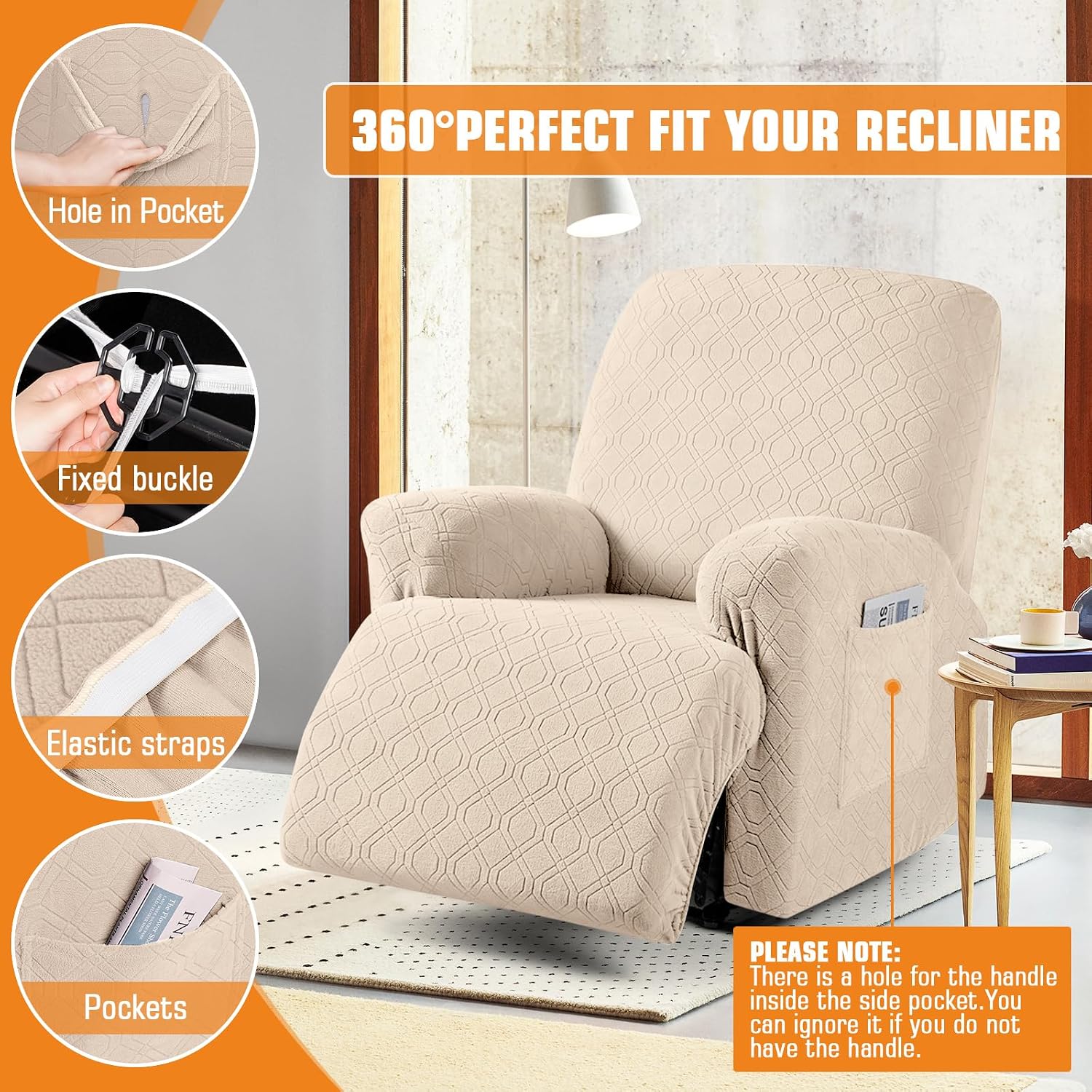 VANSOFY Oversized Stretch Recliner Chair Cover, Cream, 1 Seater
