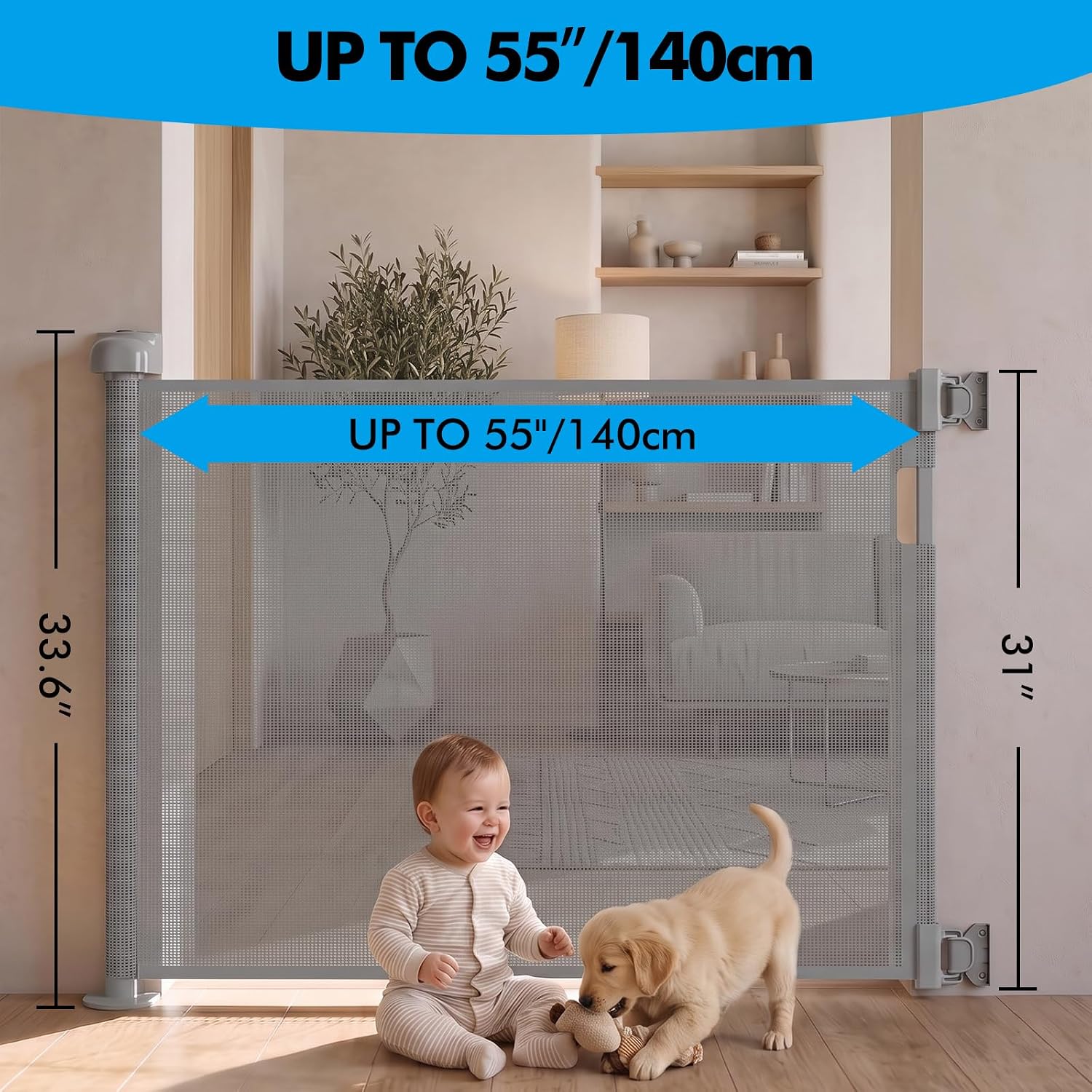 Retractable Baby Gate 55 Inch Wide for Indoor & Outdoor, Mesh Safety Gate