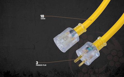 Southwire Extra Heavy Duty Extension Cord, 25Ft, 10 Gauge, 3 Conductor, Outdoor Cord, Lighted End, SJTW, Yellow, 2687SW0002