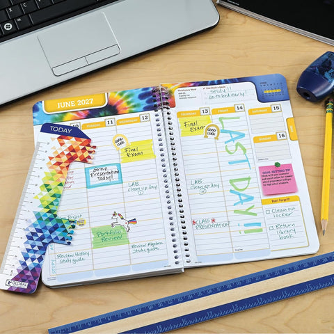 Global Datebooks 2026-2027 Middle & High School Student Planner 5.5" x 8.5" - Dated Weekly & Monthly Academic Planner Large w/Ruler/Bookmark & Stickers, For Homework, Matrix Style, Triple Stripe