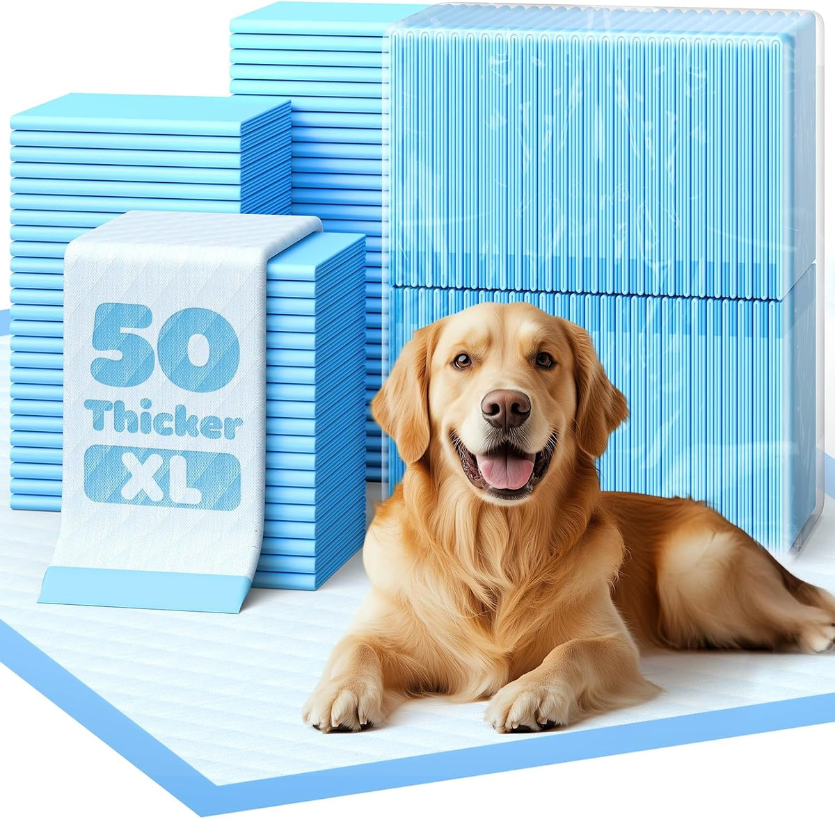 Powools Puppy Pads for Dogs, 34x28 in, 6-Layer Leakproof, 50-Pack, Thicker