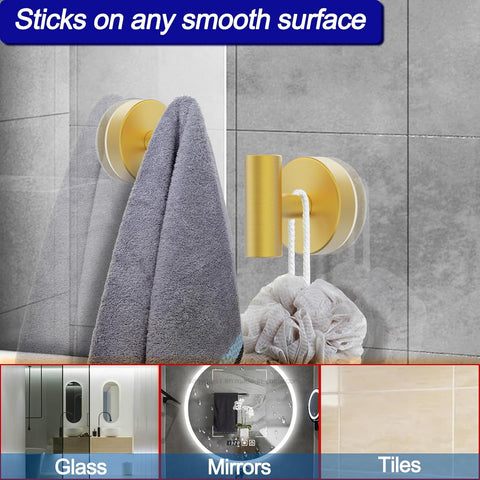 Bntuk Suction Cup Hooks, Shower Hooks for Inside Shower – Removable Towel Hooks for Bathroom Window Glass Mirror Tile, Bath Robe Looafh Hook for Hanging – Waterproof & Rustproof, Gold(2 Pack)