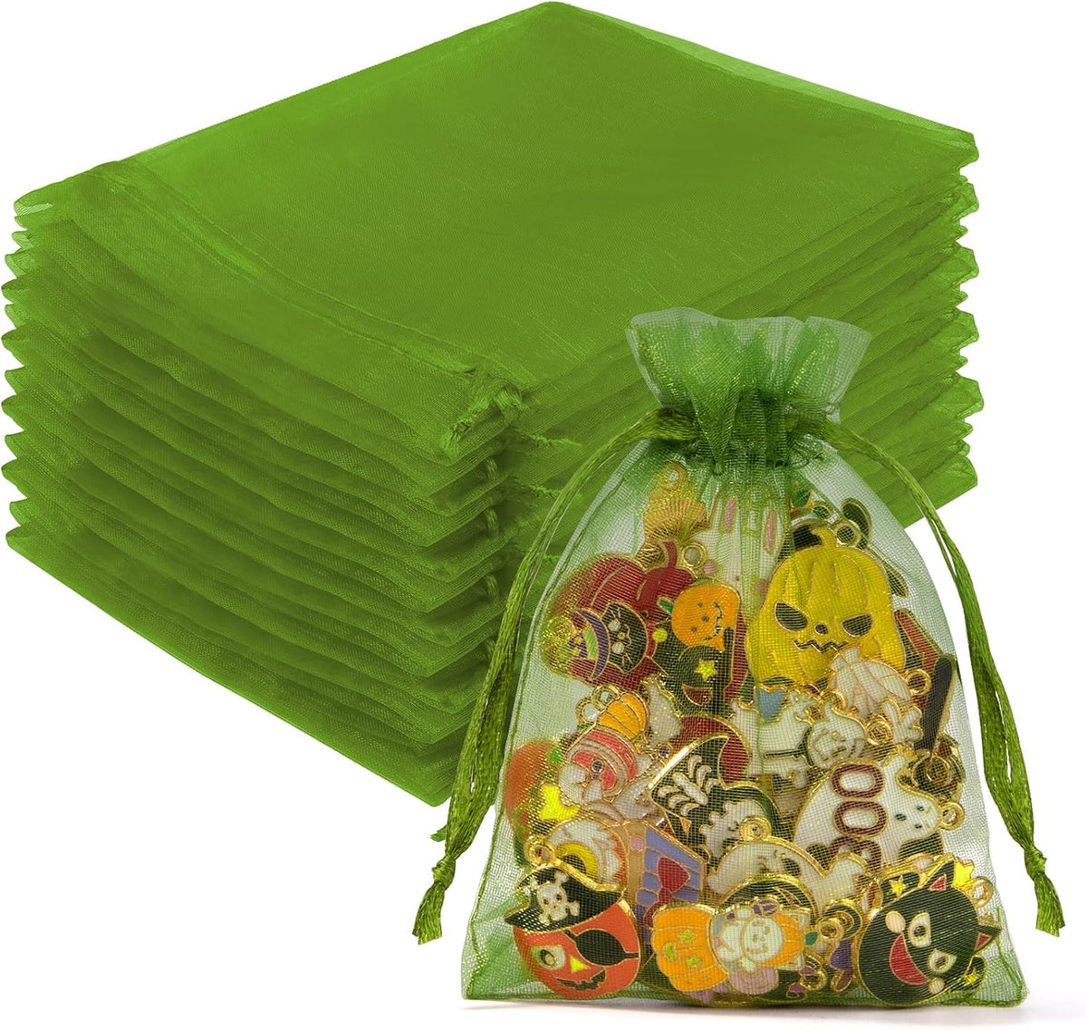 Crweety 50 Pcs Organza Bags 3x4, Green Small Mesh Gift Bags Drawstring Bulk