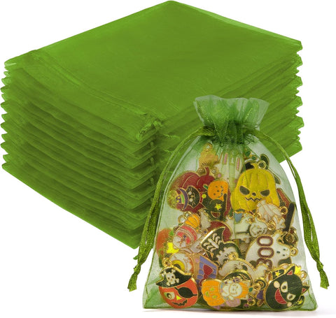 Crweety 50 Pcs Organza Bags 3x4, Green Small Mesh Gift Bags Drawstring Bulk