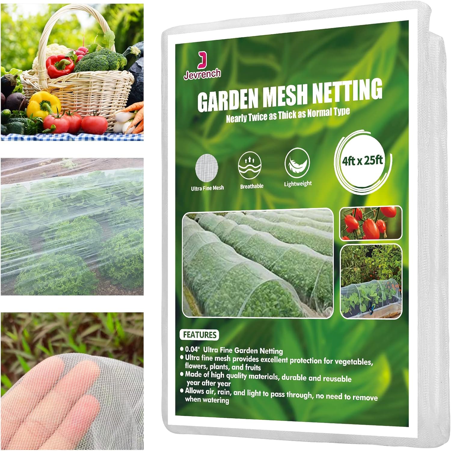 Jevrench 4 x 25 ft Garden Netting Row Cover, Ultra Fine Mesh for Plants