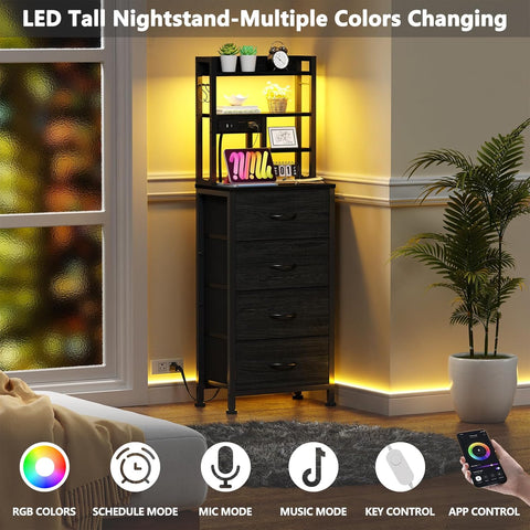 Furnulem Tall Nightstand, LED Night Stand with Charging Station