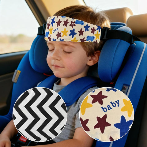 Luckyiren 2-Pack Baby Car Seat Head Support Strap Set, Minimalist Beige Stars and Stripes Pattern, Cotton, Machine Washable, 8.4x4x1.1 Inches