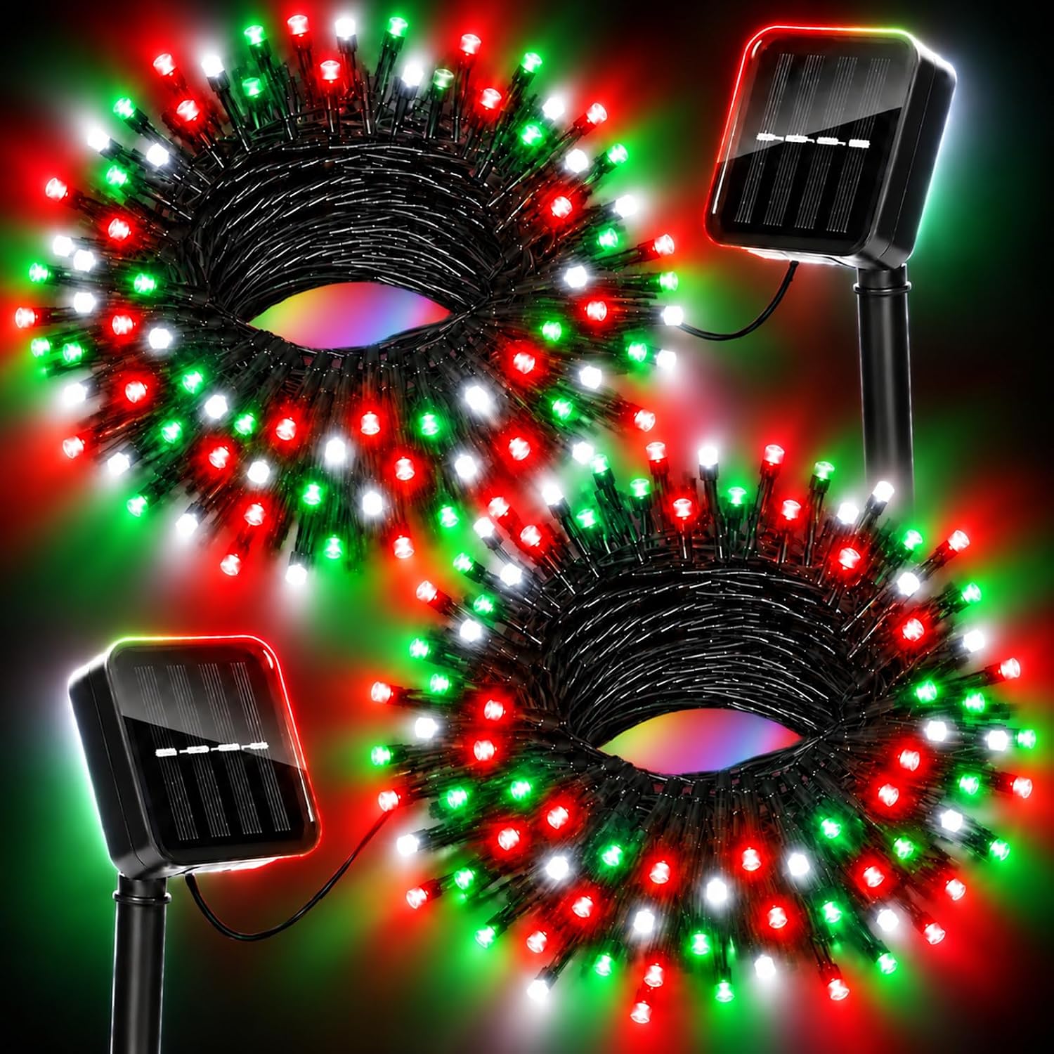 Solar Christmas Lights Outdoor Waterproof Solar Powered String Lights for Christmas Decorations, Total 100LED 45FT for Yard Pathway Garden Fence, 8 Modes 50LED x 2 Packs,Red Green White