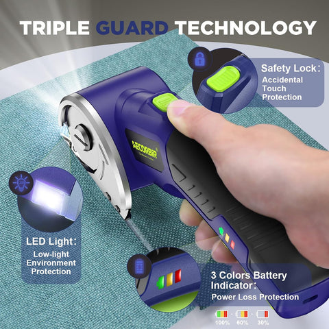 Cordless Electric Scissors: 4V Rechargeable Rotary Cardboard Cutter, 3000mAh Battery, with LED Light & Safety Lock, 2 Blades, Electric Box Cutter for Fabric Carpet Carton Plastic Leather Cloth (BLUE)