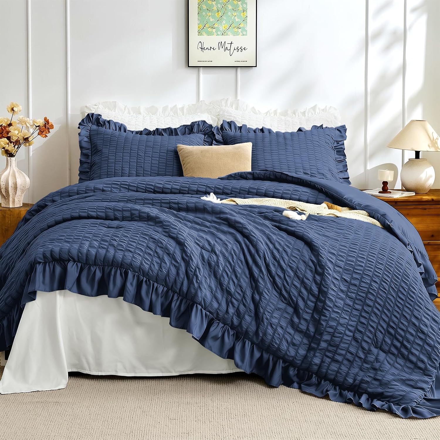 JOLLYVOGUE Oversized Queen Comforter Set, 3 Pieces Navy Blue Seersucker Comforters, Lightweight & Fluffy Bedding Sets for All Season with 1 Ruffle Comforter and 2 Ruffle Pillowshams