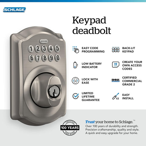 Schlage Electronic Keypad Deadbolt Lock, Camelot Trim, Satin Nickel