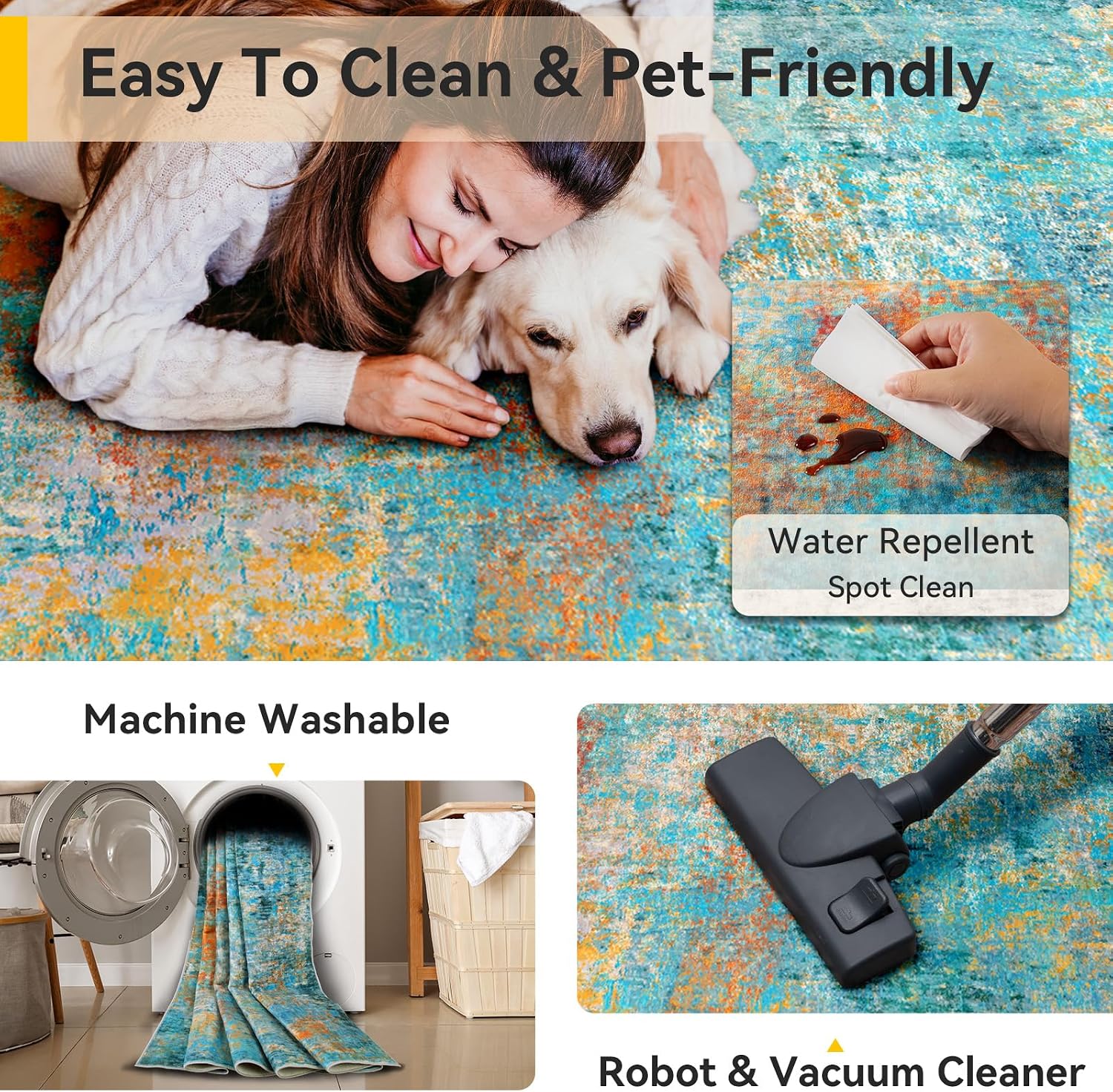 RELEANY Washable 8'x10' Abstract Area Rug for Living Room Teal Multi