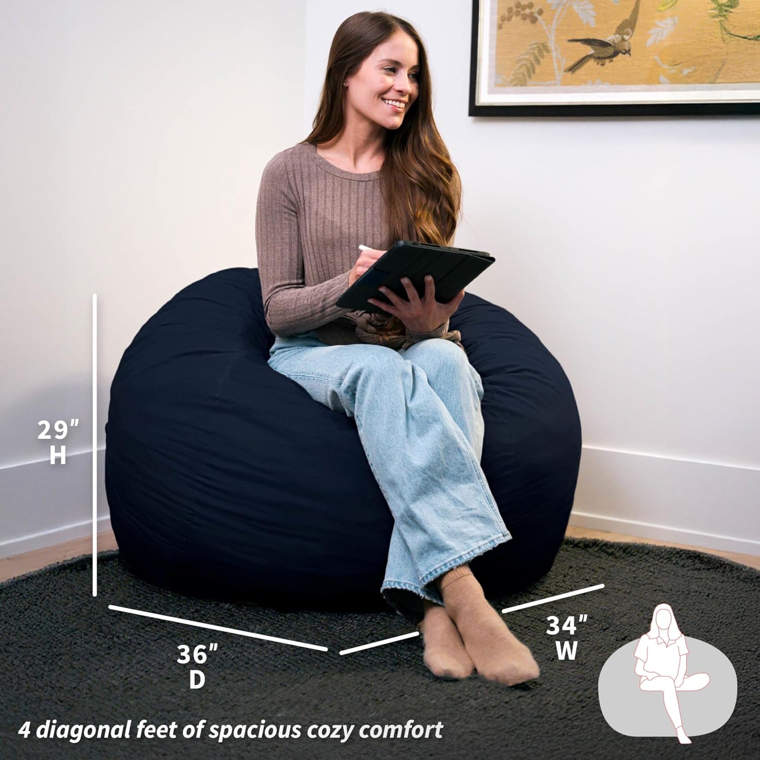 Big Joe Fuf Medium Foam Filled Bean Bag Chair with Removable Cover, Cobalt Lenox, Durable Woven Polyester, 3 feet Big