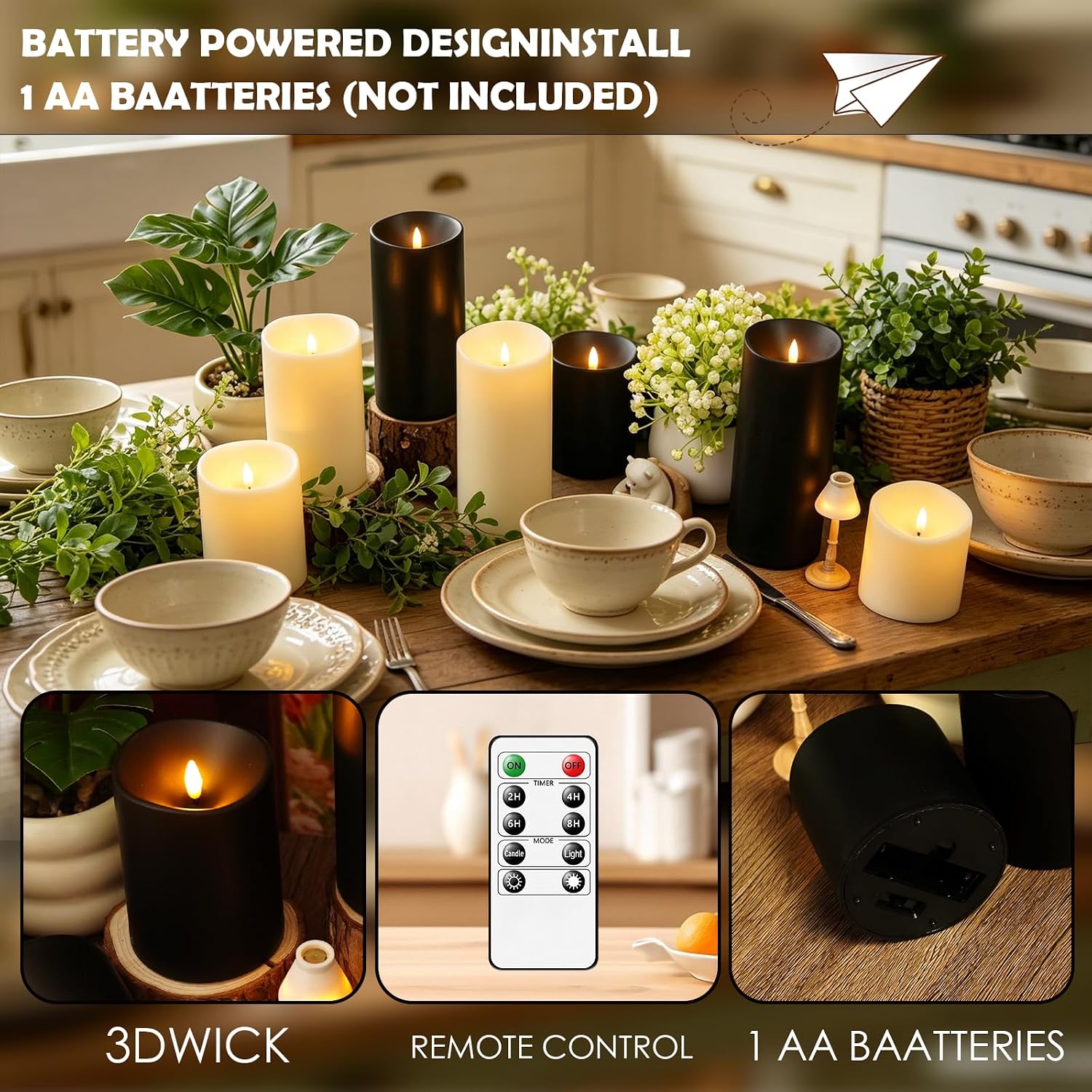 kakoya Flameless Candles with Remote Control and Timer,Flickering Battery Operated LED Pillar Candles Plastic Set of 5(D 3" x H 3" 4" 5" 6" 7") Black