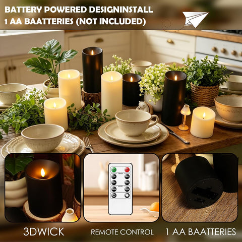 kakoya Flameless Candles with Remote Control and Timer,Flickering Battery Operated LED Pillar Candles Plastic Set of 5(D 3" x H 3" 4" 5" 6" 7") Black