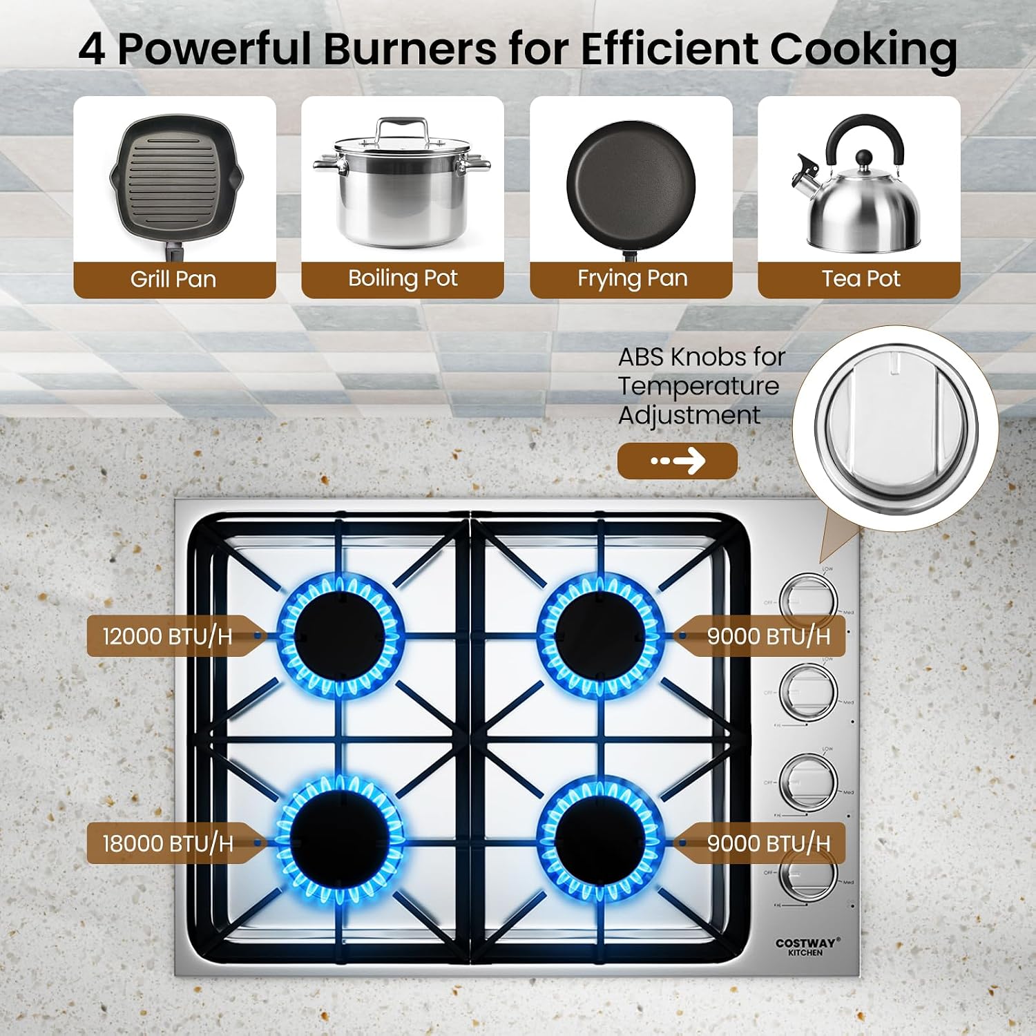 COSTWAY 30-inch Gas Cooktop, Stainless Steel Stove Top with 4 Burners, ABS Knobs and Cast Iron Grates, NG/LP G Convertible Gas Range Top with Sealed Burners for Kitchen, Easy to Clean, Silver