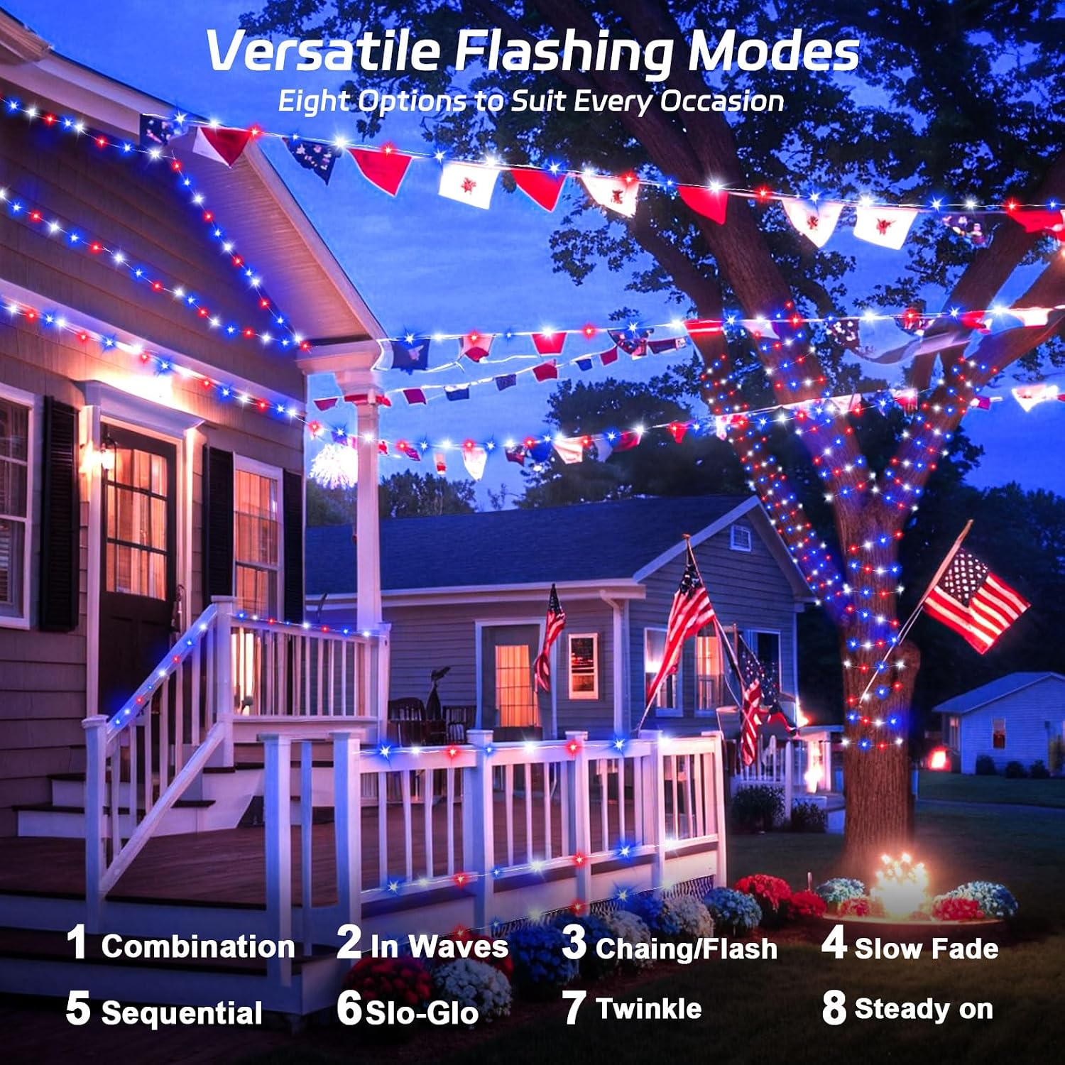 cshare Red White and Blue Solar Fairy Lights, Memorial Day Lights Waterproof Outdoor 39.4ft 120LED 8 Modes Memory Function Independence Day Memorial Day Decorations, CS-SL-5M (Pack of 2)