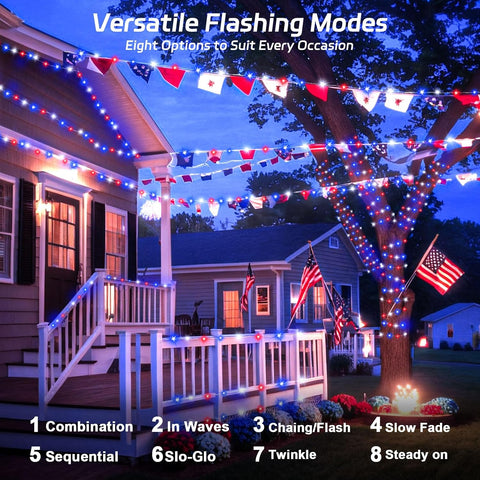 cshare Red White and Blue Solar Fairy Lights, Memorial Day Lights Waterproof Outdoor 39.4ft 120LED 8 Modes Memory Function Independence Day Memorial Day Decorations, CS-SL-5M (Pack of 2)