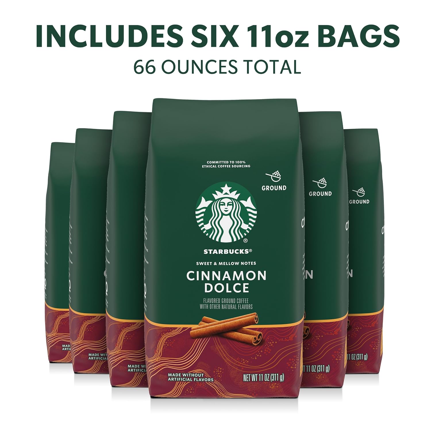 Starbucks Ground Coffee, Flavored Hot or Iced Coffee, Cinnamon Dolce, Six 11 oz Bags​ | 100% Arabica ground coffee; natural cinnamon dolce flavor; 6 bags, 11 oz each (66 oz total)