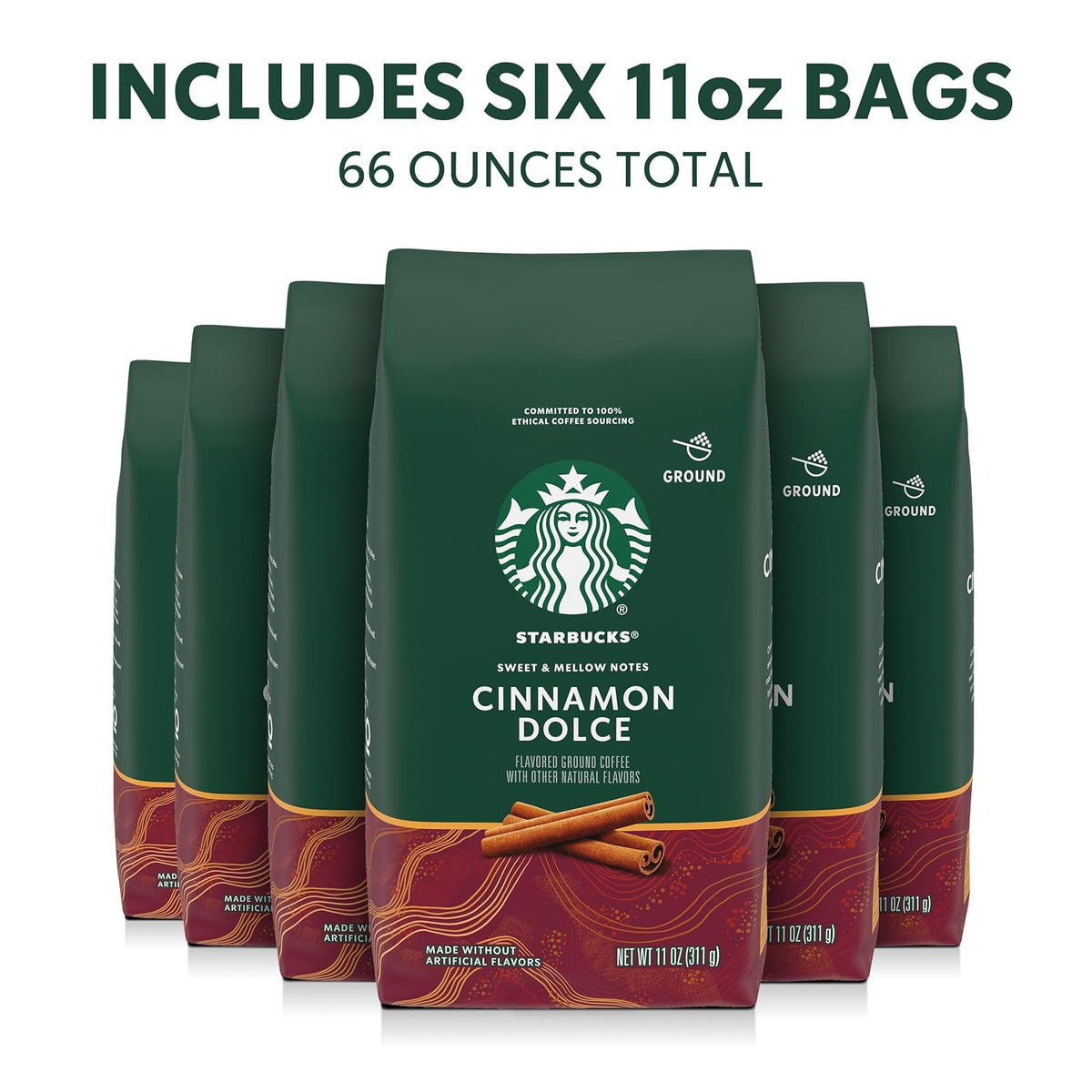 Starbucks Ground Coffee, Flavored Hot or Iced Coffee, Cinnamon Dolce, Six 11 oz Bags​ | 100% Arabica ground coffee; natural cinnamon dolce flavor; 6 bags, 11 oz each (66 oz total)