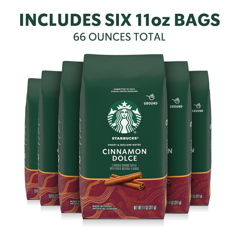 Starbucks Ground Coffee, Flavored Hot or Iced Coffee, Cinnamon Dolce, Six 11 oz Bags​ | 100% Arabica ground coffee; natural cinnamon dolce flavor; 6 bags, 11 oz each (66 oz total)
