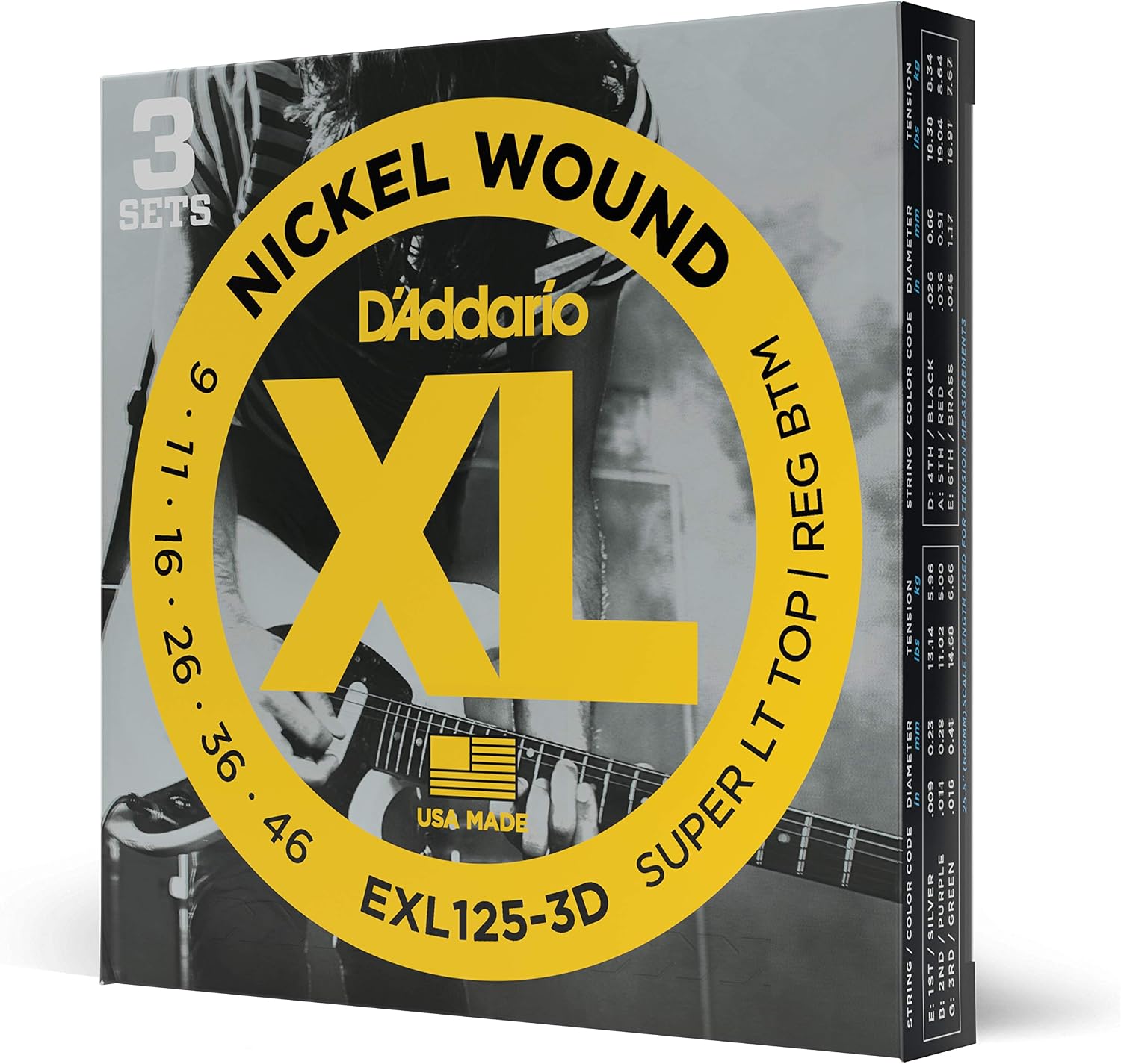 D'Addario XL Nickel EXL125-3D Electric Guitar Strings, 09-46, 3 Sets