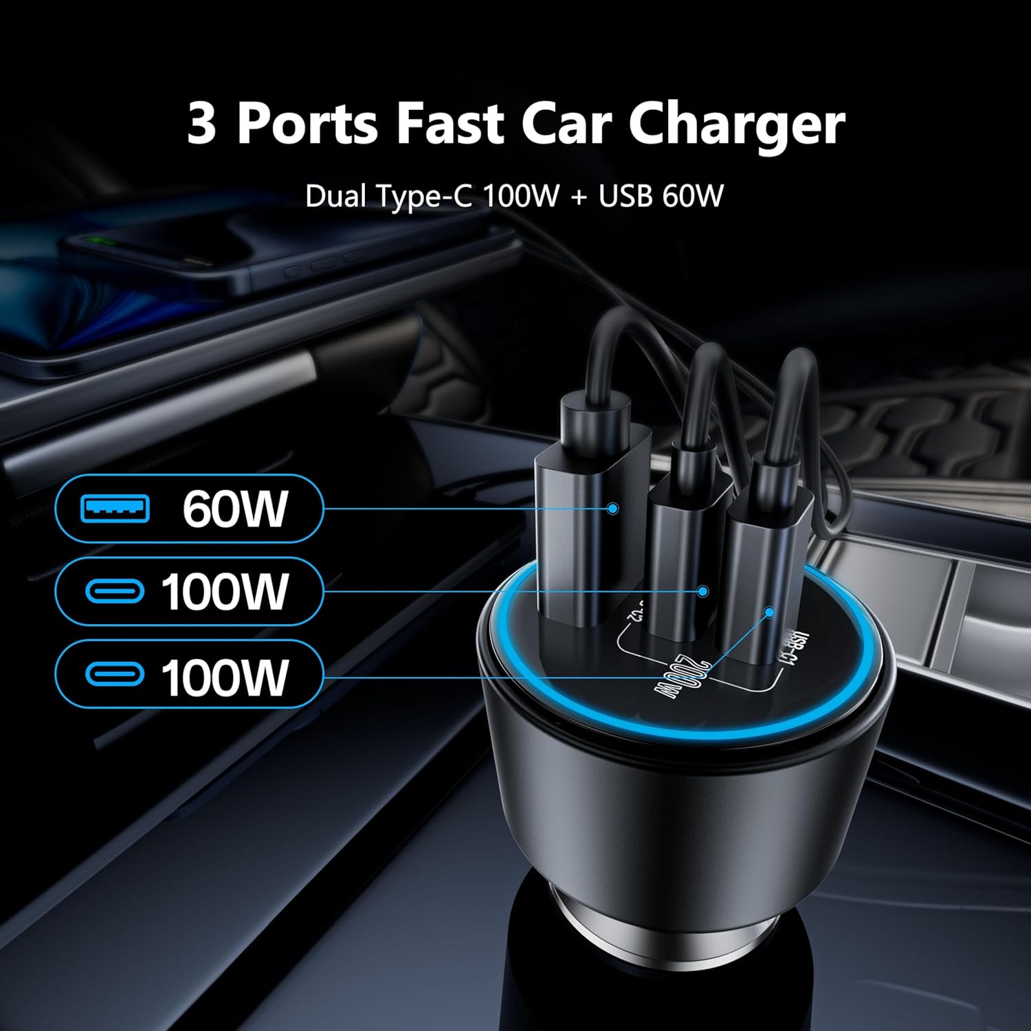 USB C Car Charger Fast Charging 200W, Dual PD 100W Type C Car Charger，
