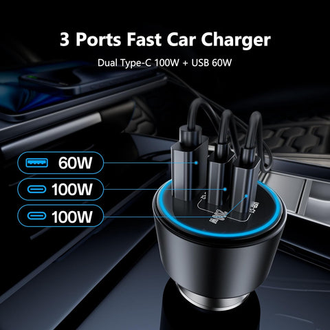 USB C Car Charger Fast Charging 200W, Dual PD 100W Type C Car Charger，