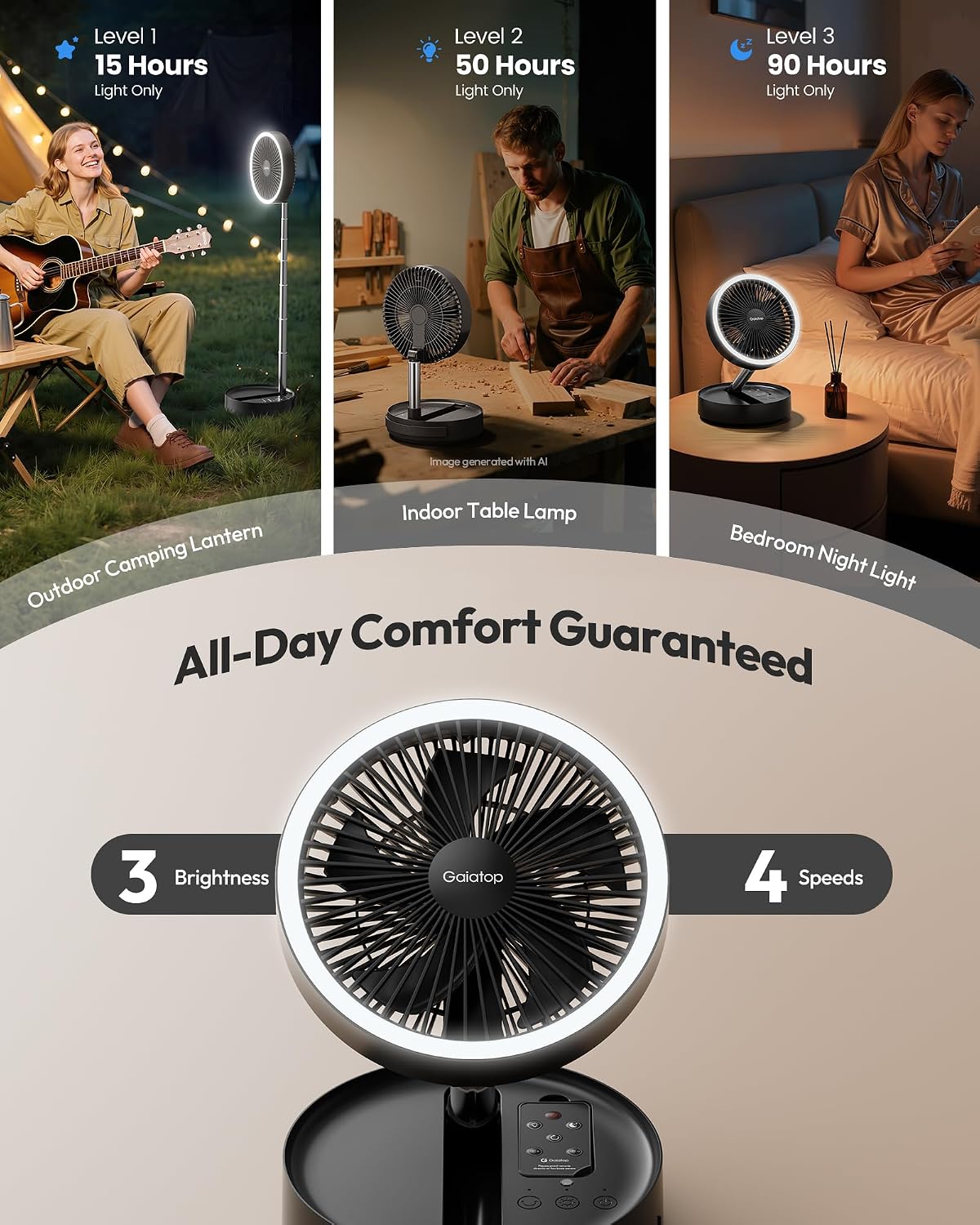 Gaiatop Portable Pedestal Fan 16000mAh Battery [Max 74h Runtime], Foldable Oscillating Standing Fan, Collapsible Desk Fans, LED Light, Case & Remote Control 4 Speeds for Outdoor Travel Camping (Black)