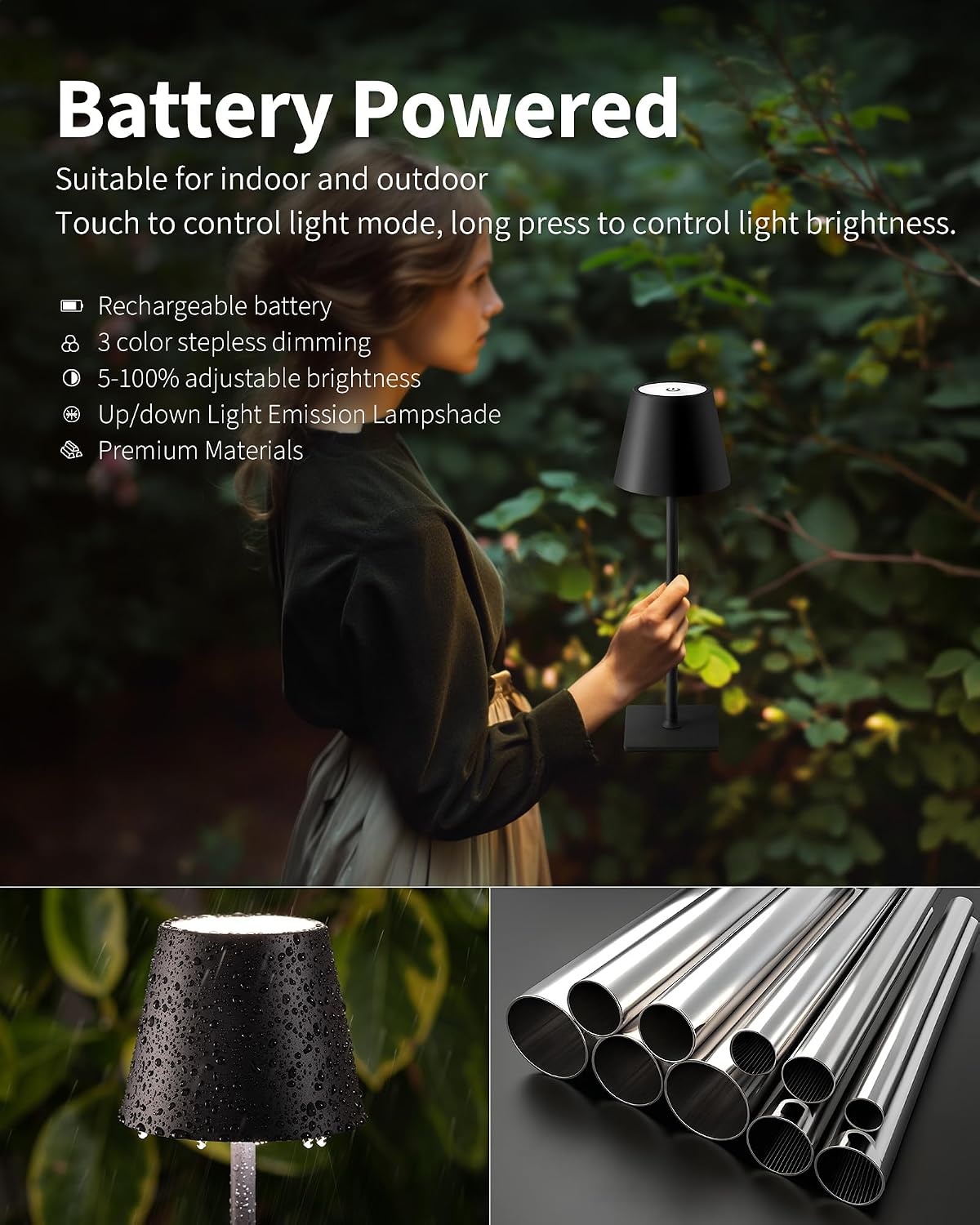 KDG 2 Pack Cordless Black Table Lamps, Rechargeable Portable LED Desk Lamps