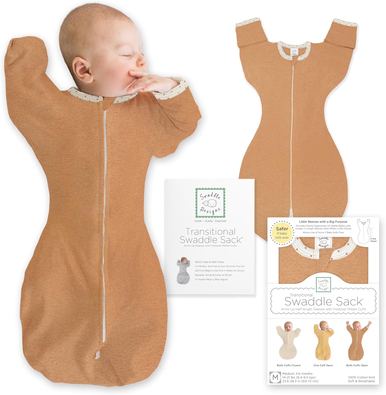 SwaddleDesigns Transitional Swaddle Sack, Cotton, Heathered Butterum, 6-9mo