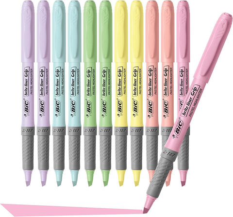 BIC Brite Liner Grip Pastel Highlighter Set, Chisel Tip, 12-Count