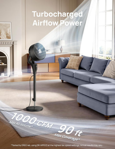 DREO Fan for Bedroom, 2026 Upgraded, 90ft Airflow, Quiet Fan, 90° Oscillating Standing Fan for Whole Room, DC Motor, 8+H Speeds, 3 Modes, 38-42'' Adjustable Height, 8H Timer, 105° Manual Vertical