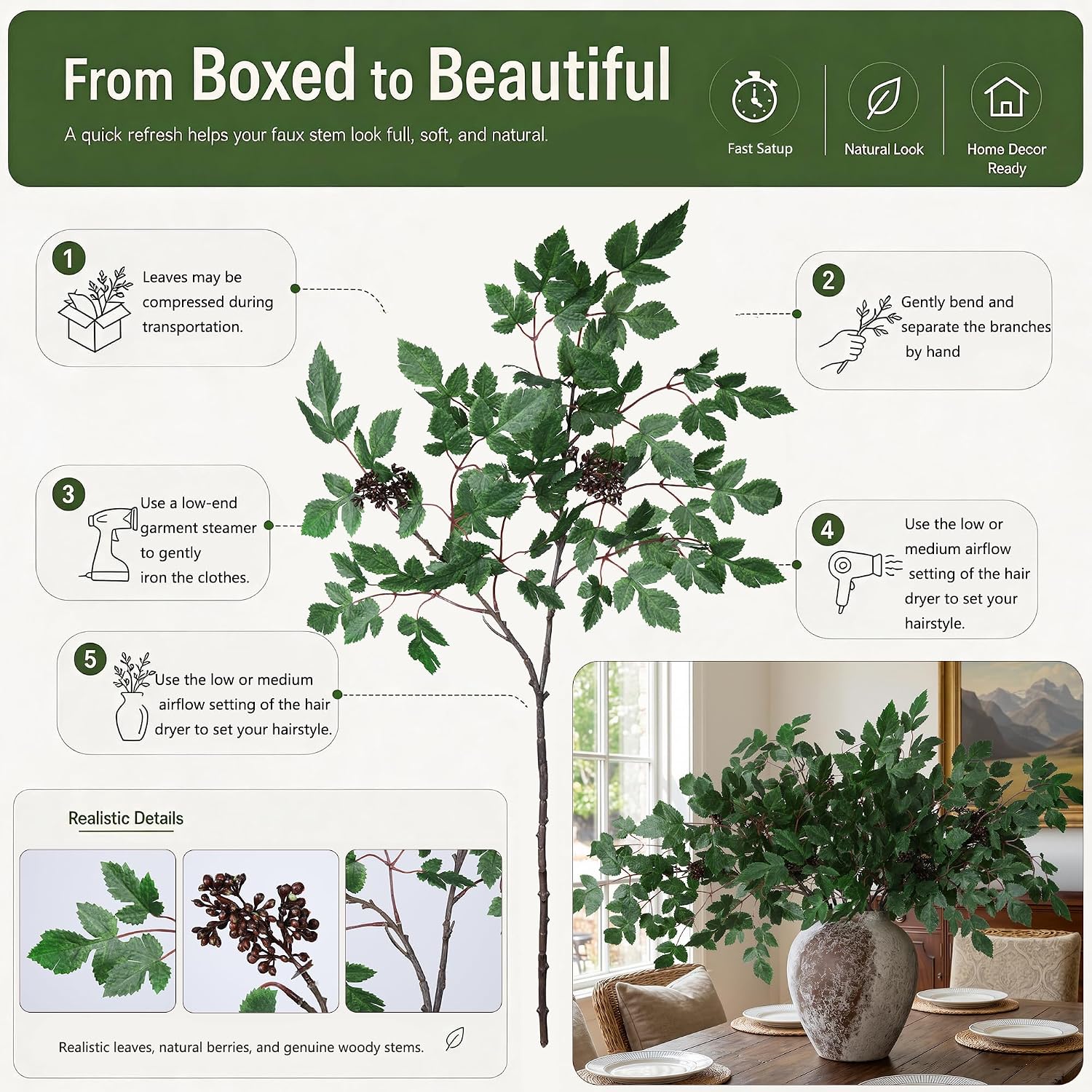 HyeFlora Artificial Cimicifuga Plant Leaf Spray Stems 4PCS Fake Greenery Branches 28.7 in Faux Leaves Real Touch Silk Plants DIY Stem for Vase Festival Home Kitchen Garden Party Farmhouse Decor