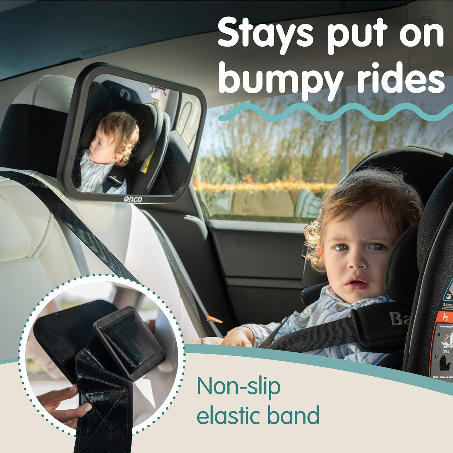 Onco Baby Car Mirror for Fixed Headrests - Tesla-Compatible Non-Slip Mirror