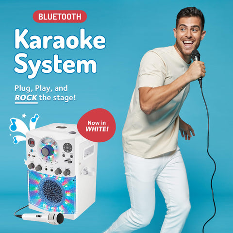 Singing Machine Portable Karaoke Machine for Adults & Kids with Wired Microphone, White - Built-In Speaker, Bluetooth with LED Disco Lights - Karaoke System with CD+G Player & USB Connectivity