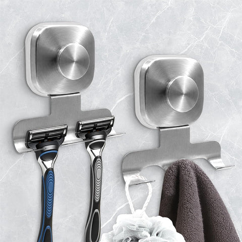 Square Suction Cup Razor Holder for Shower,Heavy-Duty 7KG Suction Hooks for Razor,Towel,Loofah,Removable Damage-Free Metal Shower Hook,Shaver Holder,2 Pack(Brushed Silver)
