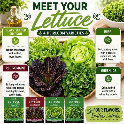 NatureZ Edge Lettuce Seeds for Planting, 4 Popular Varieties Non-GMO Heirloom Seeds, Red Romaine, Bibb Butter, Black Seeded Simpson, Green Ice Lettuce, Romaine, Salad Lettuce, Hydroponic Garden, USA