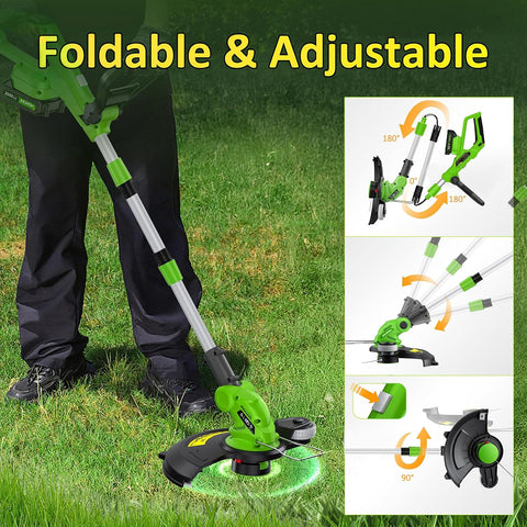 20V Electric Weed Wacker Edger Lawn Tool, Battery Powered Weed Eater 12-Inch Cordless String Trimmer Grass Trimmer Lightweight Yard Tools for Garden, Lawn Mower Cutter 2.0Ah Battery and Charger Green