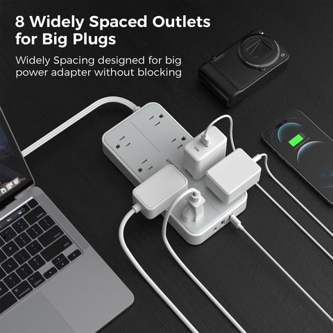 Power Strip Surge Protector, TESSAN Flat Plug Extension Cord with 8 Outlets 3 USB Charger(1 USB C), 1080 Joules Protection, Wall Mountable Charging Station for Home Office School Dorm Room Essentials