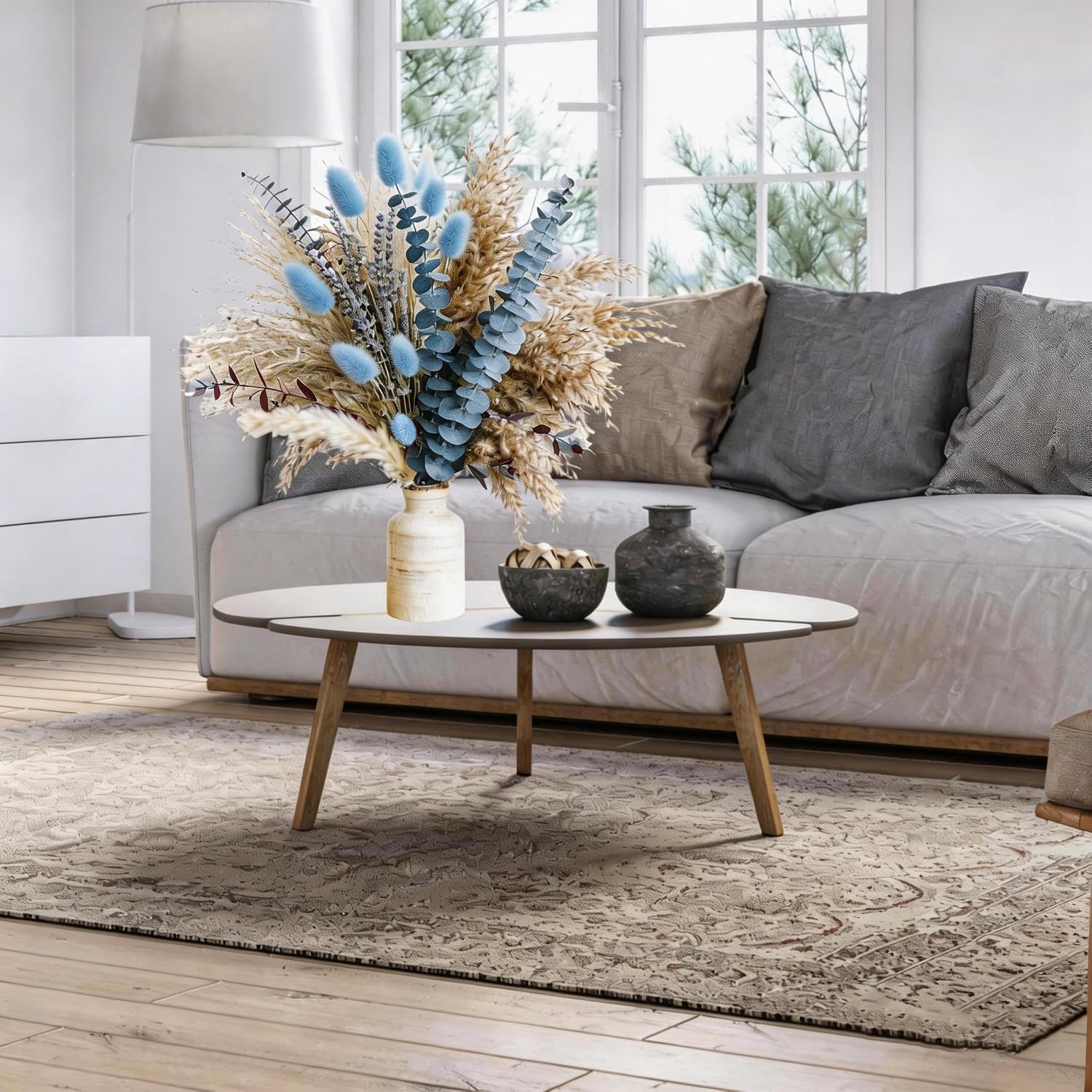 Dusty Blue Dried Flower Bouquet with Pampas Grass, Bunny Tails, Lavender and Eucalyptus, Beige Boho Floral Arrangement for Vase, Wedding Centerpiece, Bedroom and Coastal Home Decor