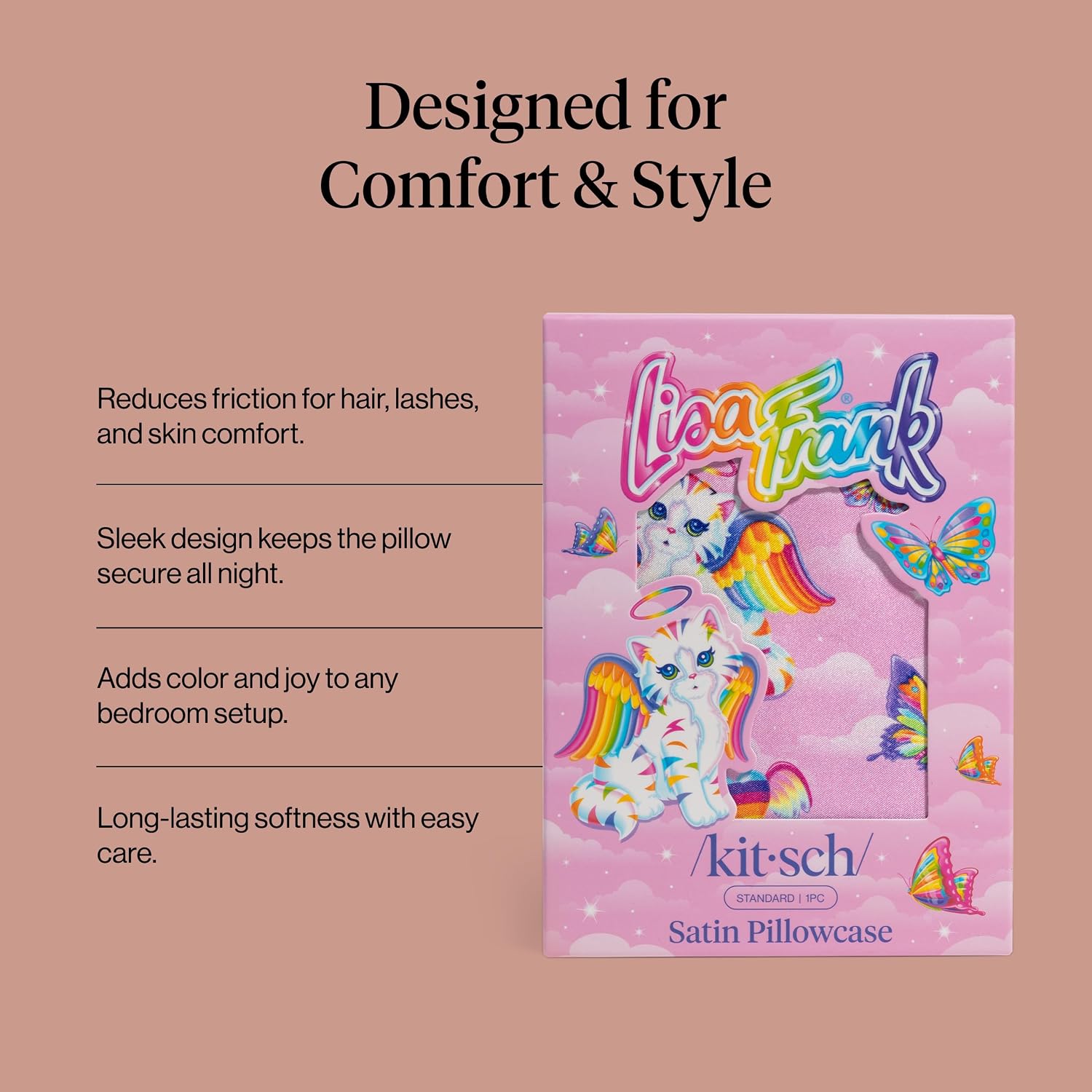 Lisa Frank x Kitsch Satin Pillowcase, Size 19x26 - Angel Kitty