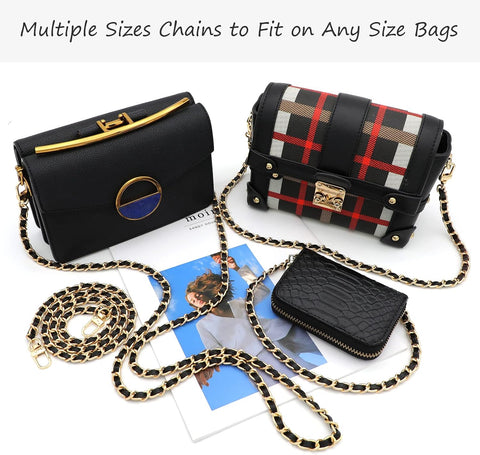 Gold Purse Chain & Strap, 4 Sizes - DIY Handbag, Shoulder, Crossbody Bag Chain - Leather, Braided - 15.4, 23.6, 31.4, 47.2 Inch - Black/Gold