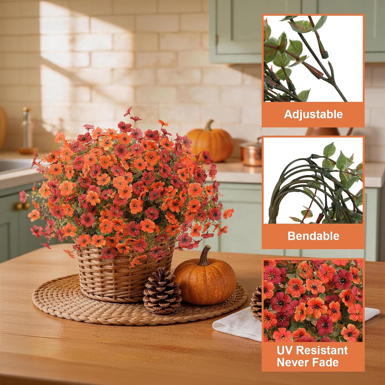 Artificial Fall Flowers for Decoration Fake Flowers Outdoor Artificial Plants, 12 Bundles Faux Mums Autumn Plastic Flower UV Resistant for Porch Patio Home Yard Garden Window Box Pot Planters